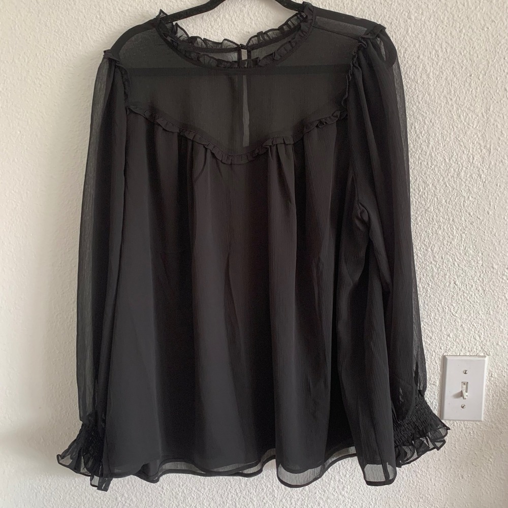Torrid Womens Plus Size 2 Black Sheer Mesh Yoke Ruffle Smocked Cuff Blouse Top - Picture 3 of 5
